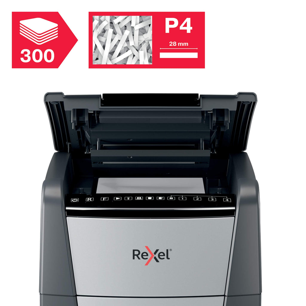 Rexel Optimum AutoFeed+ 300X Automatischer Aktenvernichter, 300 Blatt automatisch, Sicherheitsstufe P4, Partikelschnitt, für Büros und Abteilungen, 60 Liter Abfallbehälter, mit Lenkrollen, 2020300XEU
