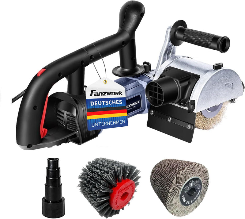FANZWORK V2 1500 Watt Satiniermaschine zur Renovierung von Oberflächen aller Art, mit Staubsaugung-Anschluss, Drehzahlregelung, Kugelgriff, Stahldraht& Nylon & Schleifpapier Bürste