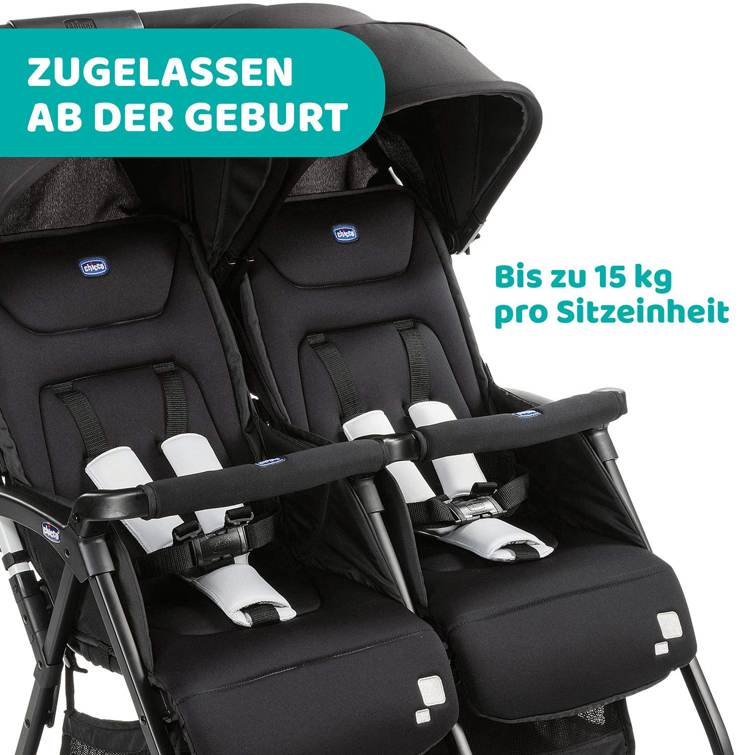 Chicco OHlalà Twin Geschwisterwagen von Geburt bis 15 kg, Kinderwagen für Zwillinge und Geschwister, Verstellbarer Faltbarer Zwillingsbuggy, Regenschutz und Ausziehbares Verdeck
