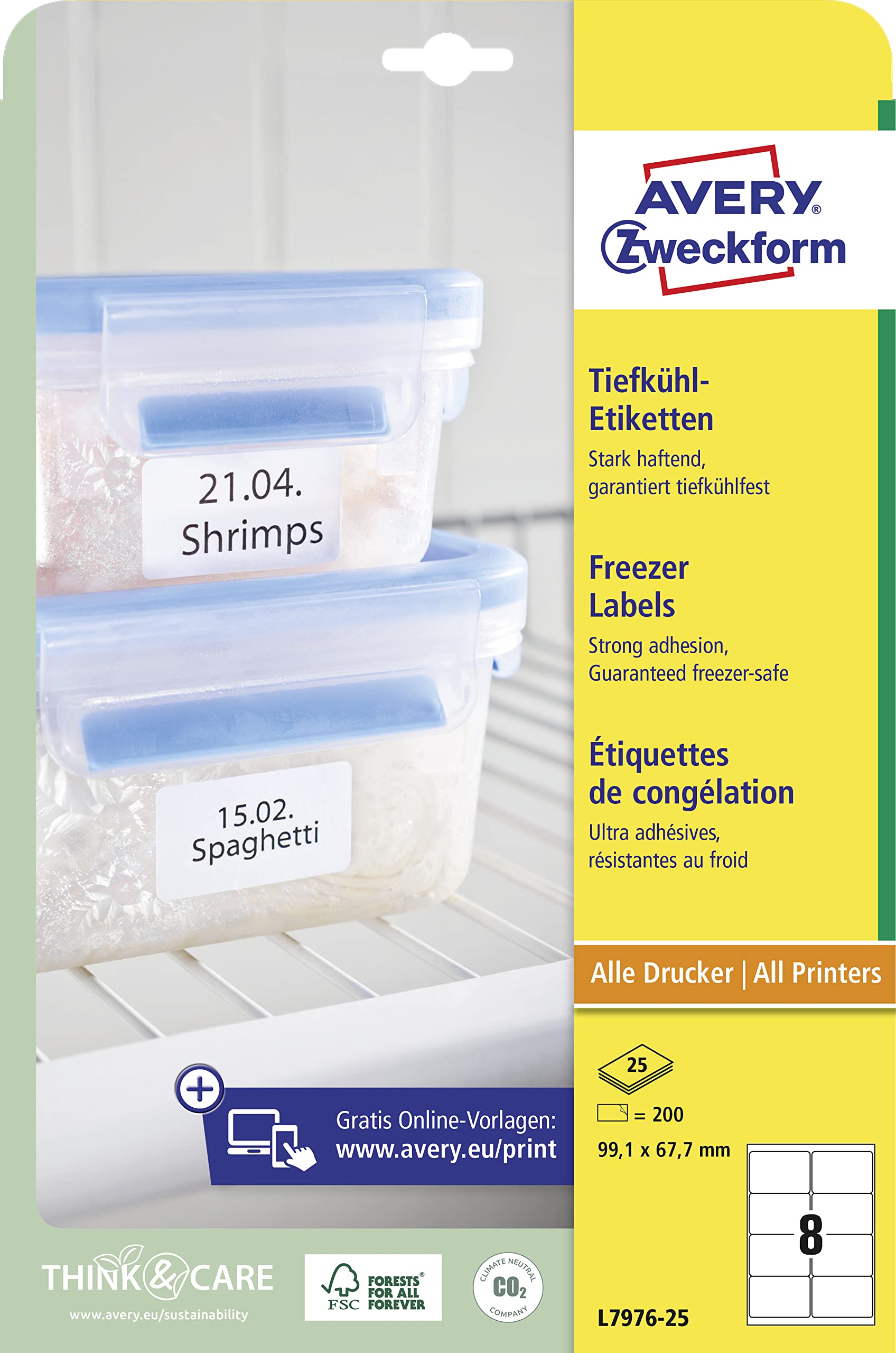 AVERY Zweckform L7976-25 Tiefkühletiketten (200 Aufkleber, 99,1x67,7mm auf A4, selbstklebend, temperaturbeständige und tiefkühlfeste Klebeetiketten für Gefriergut, bedruckbar) 25 Blatt, weiß