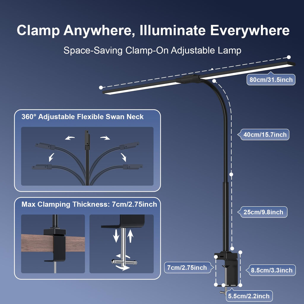 YICAIZI Schreibtischlampe LED Dimmbar - 1500LM 24W Klemmbar Büroschreibtischlampe mit Fernbedienung, 80CM Schwanenhals Schreibtisch Lampe USB-Ladeanschluss, für Büro & Zuhause, Schwarz