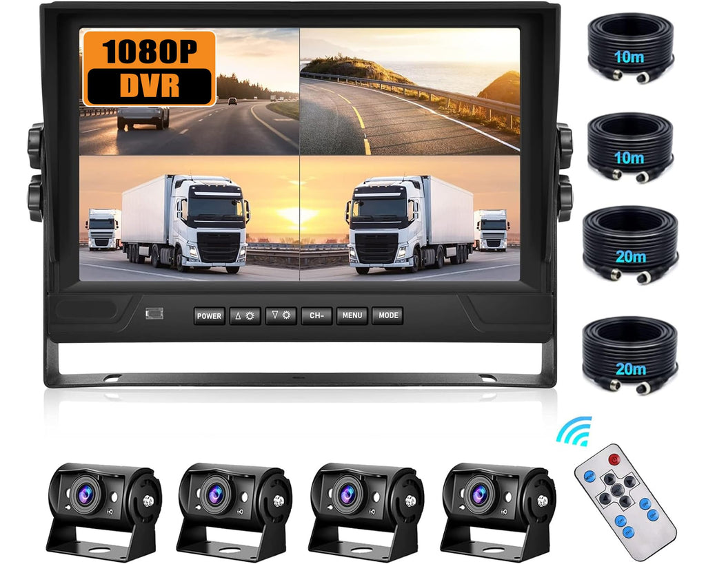 CAMECHO RV Rückfahrkamera Set 4 Kameras Set,Videoaufzeichnung 9 Zoll LCD Monitor DVR+4 Geteilte Rück und Vorder Kamera, Weitwinkel, IP68 wasserdicht, 18IR Nachtsicht, für LKW/Anhänger/Bus/Van 12V-35V