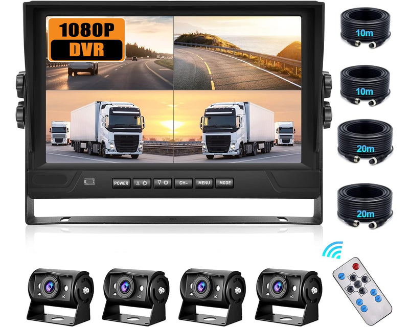 CAMECHO RV Rückfahrkamera Set 4 Kameras Set,Videoaufzeichnung 9 Zoll LCD Monitor DVR+4 Geteilte Rück und Vorder Kamera, Weitwinkel, IP68 wasserdicht, 18IR Nachtsicht, für LKW/Anhänger/Bus/Van 12V-35V