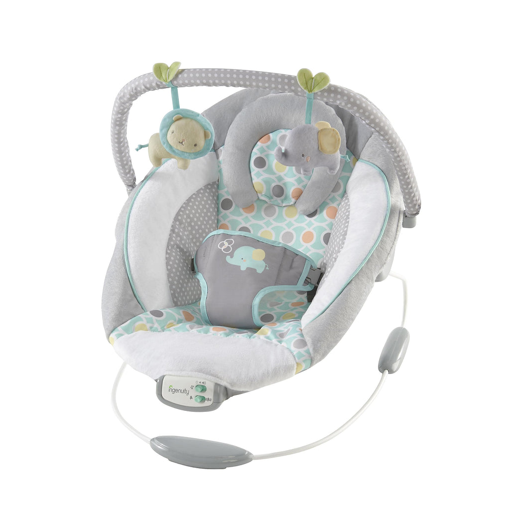 Ingenuity, Babywippe Babyschaukel Morrison mit beruhigenden Vibrationen & 8 Melodien, Spielbogen mit 2 Spielzeugen, Lautstärkeregler, gepolsterter Kopfstütze, 3-Punkte-Gurt, ab der Geburt bis 9kg