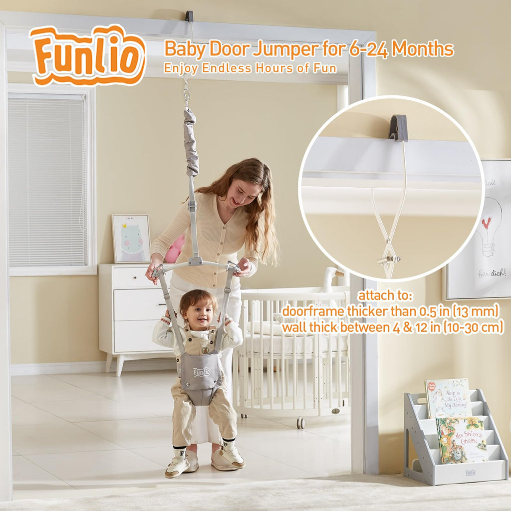 FUNLIO BabyTürhopser für 6–24 Monate (mit Türklemme), Baby-Türwippe mit starker Feder/verstellbarem Riemen, einfach zu montieren und zu lagern, Tragfähigkeit 18 kg – Grau