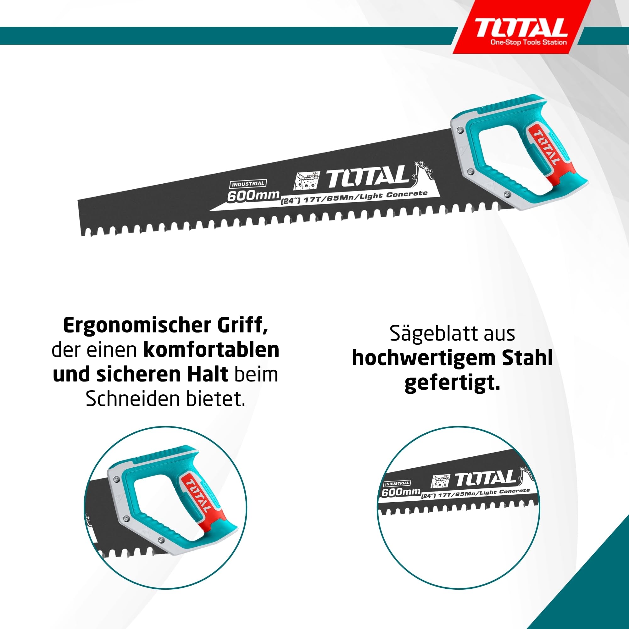 TOTAL - Zementsäge | 600mm Länge | Wolframblech | Zum Schneiden von Zement, Beton oder Ziegeln | Ideales Werkzeug für Bau- und Mauerwerksarbeiten