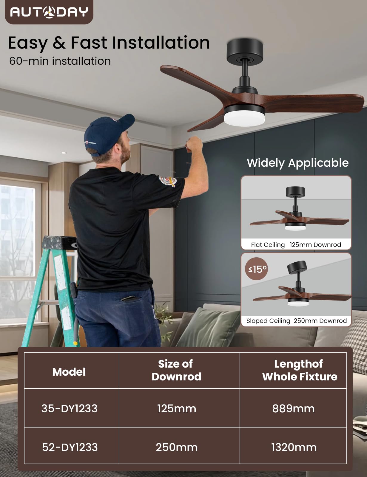 AUTODAY Holz Deckenventilator mit Beleuchtung,leiser Gleichstrommotor,90 cm deckenventilator outdoor,3 hölzern Flügel,dimmbarem LED 24W,Fernbedienung mit Memory-Funktion,6 Geschwindigkeiten,Timer