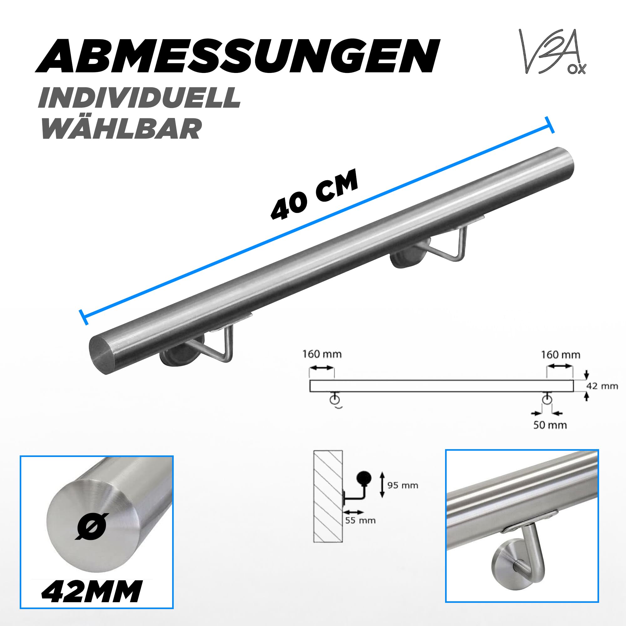 V2Aox Handlauf Treppengeländer aus Edelstahl, Durchmesser: 4,2 cm, Rostfrei & Wetterfest, Inklusive Montagematerial, Halter, Länge: 40 cm