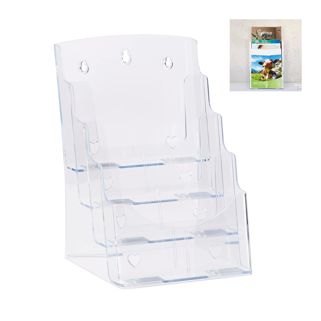 Relaxdays Prospekthalter A4 / DIN Lang, 4 Etagen, Acryl, Flyer Aufsteller Tisch & Wand, HBT: 35x24,5x24cm, transparent, 1 Stück, 10027299