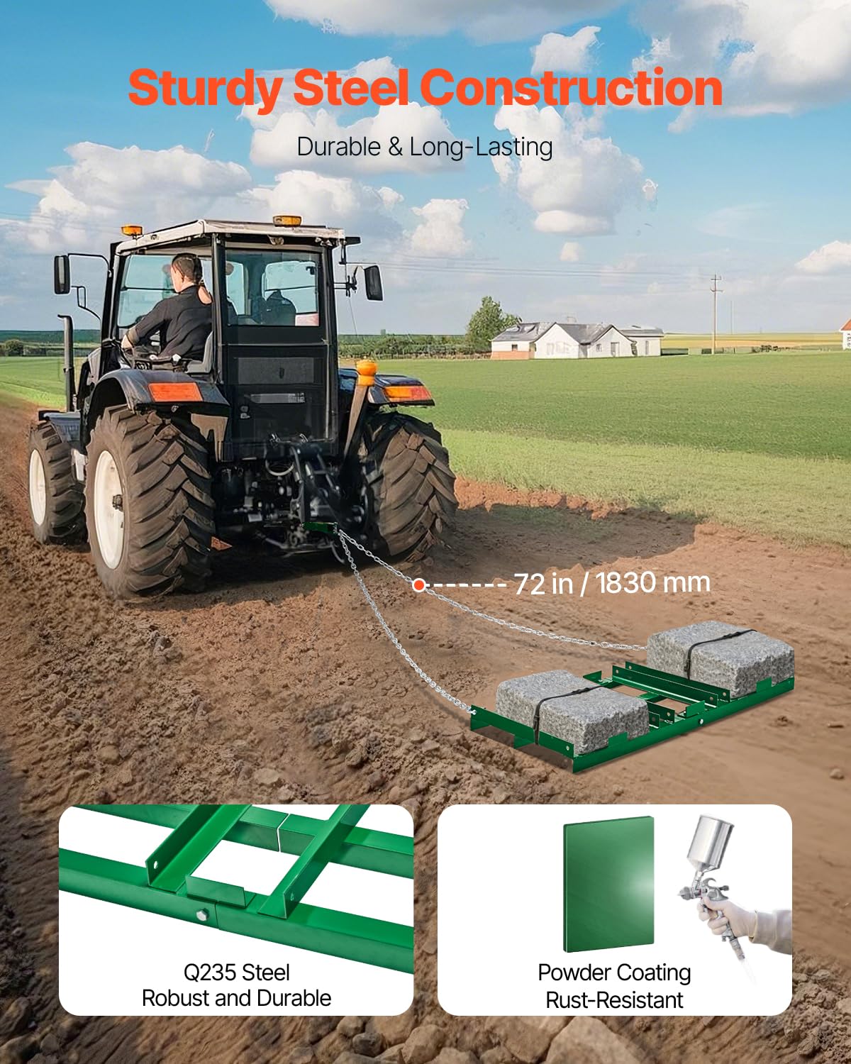 VEVOR Schleppegge, 1220x500x100 mm, Wiesenschleppe mit verstellbaren Stangen & 1830 mm Kette, Wiesenegge für Geländefahrzeuge, UTVs, Traktoren, Rasenmäher, Schleppwerkzeug zum Nivellieren des Rasens