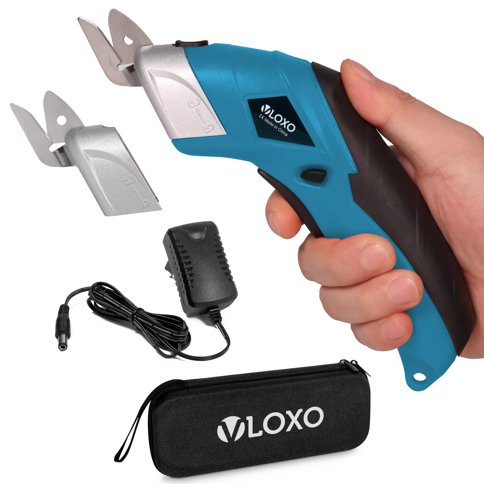 VLOXO Elektrische Schere Kabelloser Schneider mit 2 Schneidklingen für Handwerk zum Schneiden von Karton Leder Teppich Topfpflanze Blumen wiederaufladbare Kartonschneider mit Ladengerät Blau