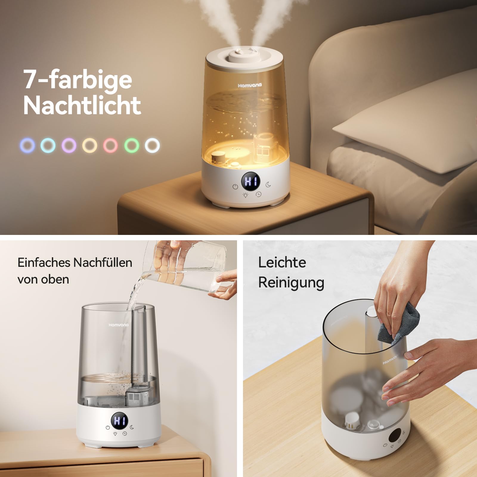 Homvana Luftbefeuchter Schlafzimmer Top-Fill, 3.6L 360°Cool Mist 34H Dauerhaft, Ruhig 16dB (SilentSpary Tech) Klein, Luftbefeuchter Pflanzen, Growtent, Pflanzenbefeuchter, Humidifier Plants (Grau)