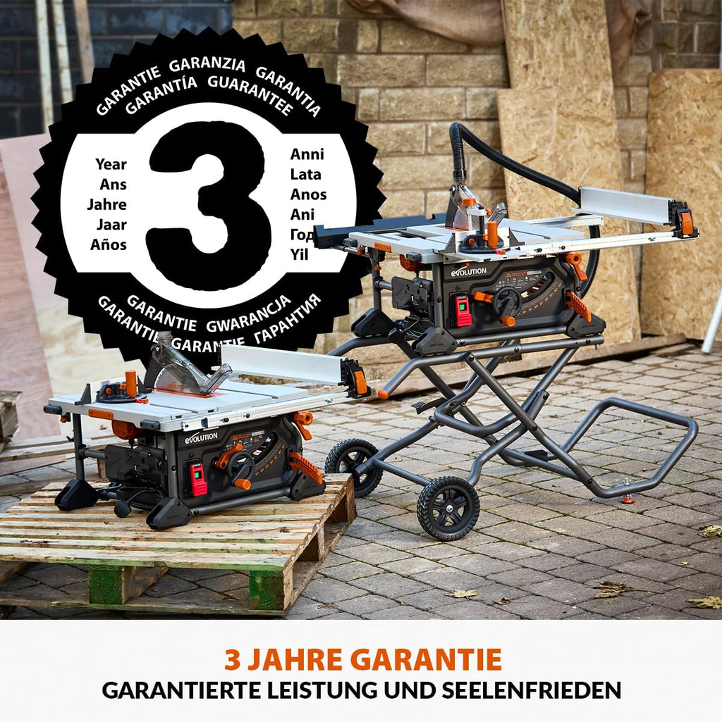 Evolution Power Tools R255TBL+ tischkreissäge, Tischsäge Tragbares Multi-Material-Sägeblatt im Lieferumfang enthalten Schneidet Holz Metall Kunststoff, 45˚ Fase, +/- 60˚ Gehrungswinkel, 1800w Motor