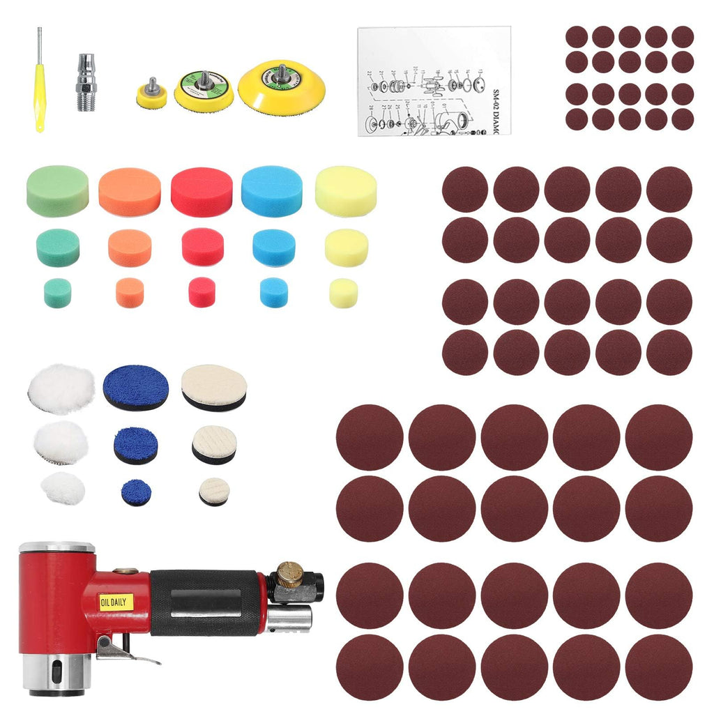 Mini Poliermaschine, Druckluft Polierer, EYPINS 25mm 50mm 75mm Exzenter schleifer Winkelschleifer mit 60X Schleifpapier 5X Polierschwamm 3X Polierpad, Polierset Polierteller Kit für Auto Möbeln Metall