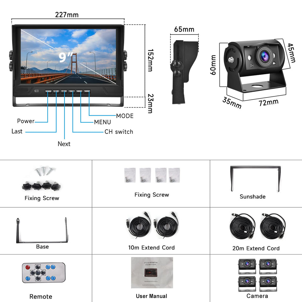 Hodozzy 1080P Rückfahrkamera 4 Kameras mit 9 Zoll DVR 4 Geteilte Monitor, 4 AHD Kameras IP68 Wasserdicht Nachtsicht, Vorder Seite Rück Kamera mit Kabel 2*10m+2*20m, für LKW Anhänger Wohnmobil Bus Van