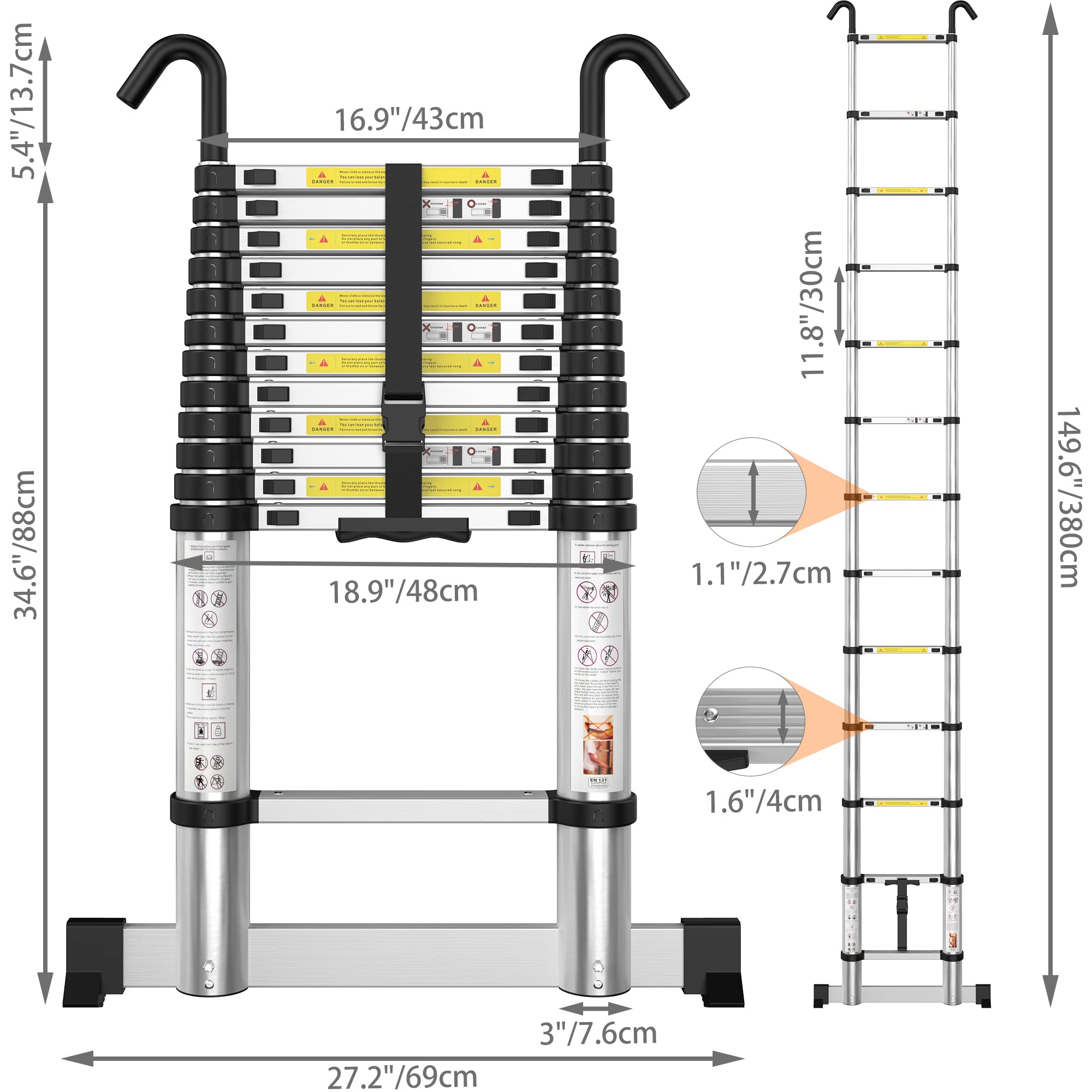 gymount Aluminium Teleskopleiter 3,8 m, Leiter Ausziehbar mit Stabilisator und Abnehmbaren Haken, Klappleiter, Mehrzweckleiter, Stehleiter, Haushaltsleiter, Außenleiter, 150 kg Belastbarkeit