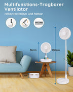 Primevolve 8" Ventilator Faltbarer mit Fernbedienung, 7200mAh Akku USB Standventilator Fan Tragbarer für Outdoor Reise Camping, Tischventilator Leise für Schlafzimmer Büro- Weiß
