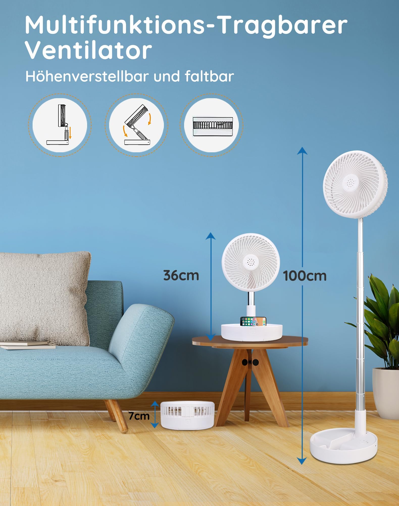 Primevolve 8" Ventilator Faltbarer mit Fernbedienung, 7200mAh Akku USB Standventilator Fan Tragbarer für Outdoor Reise Camping, Tischventilator Leise für Schlafzimmer Büro- Weiß