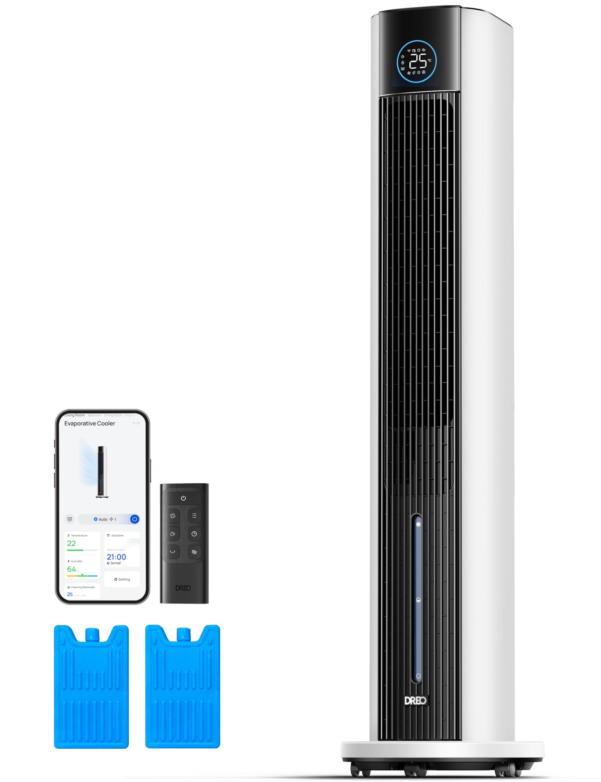 Dreo Turmventilator mit Wasserkühlung, 43” Luftkühler mit Wasserkühlung Leise, 4-Geschwindigkeiten-4-Modi Verdunstungskühler, APP-Steuerung, Eisbeutel, 85° Oszillation, 12-Std. Timer, weiß