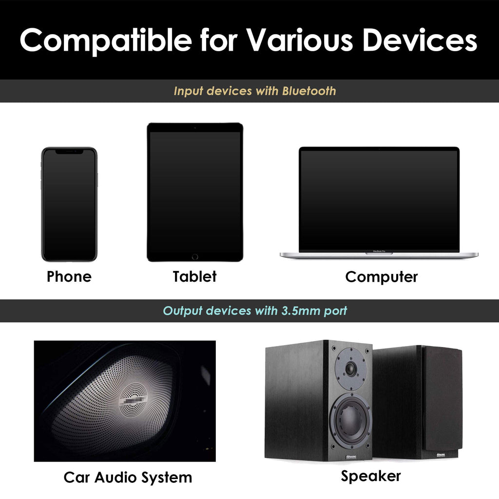 Palovue Bluetooth 5.0 Receiver, Wireless Car Kit for Music Streaming and Hands-Free Calling for Car/Home Stereo with 3.5-mm Aux Port, No Charging Required