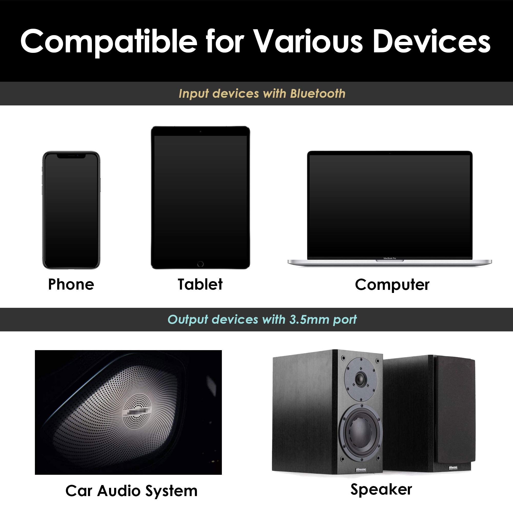 Palovue Bluetooth 5.0 Receiver, Wireless Car Kit for Music Streaming and Hands-Free Calling for Car/Home Stereo with 3.5-mm Aux Port, No Charging Required