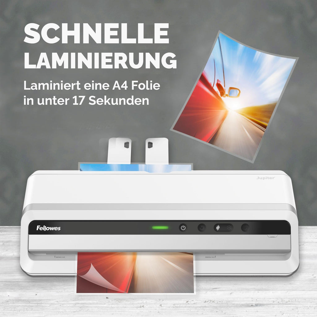 Fellowes Jupiter Laminiergerät A3 zum Heißlaminieren von Hüllen von 80 bis 250 Mikron, intensiver Gebrauch, automatischer Rückwärtsgang, inkl. 10 Laminierfolien, weiß