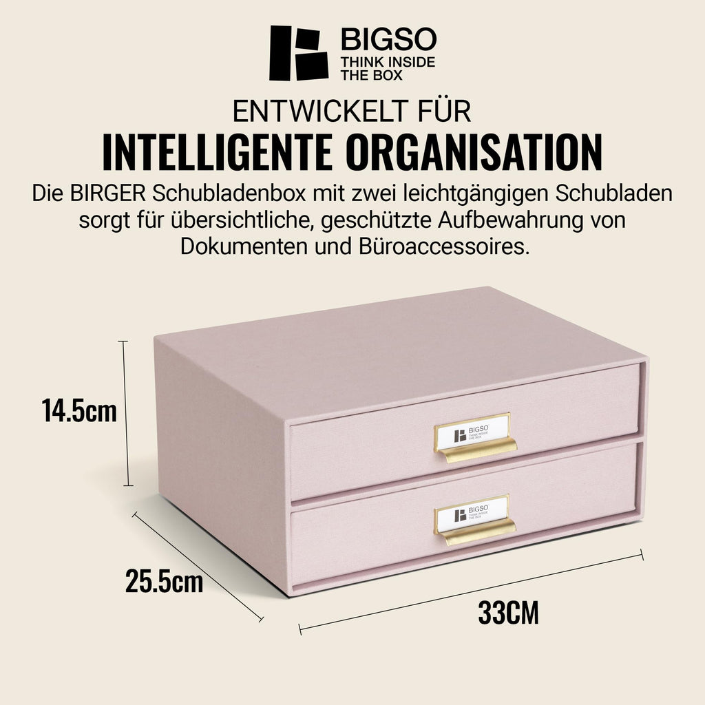 BIGSO BIRGER Schubladenbox – Aufbewahrungsbox mit 2 Schubladen – Schreibtisch Ablage für Dokumente & Bürobedarf – Ablagesystem aus recycelter Faserplatte und Papier – rosa