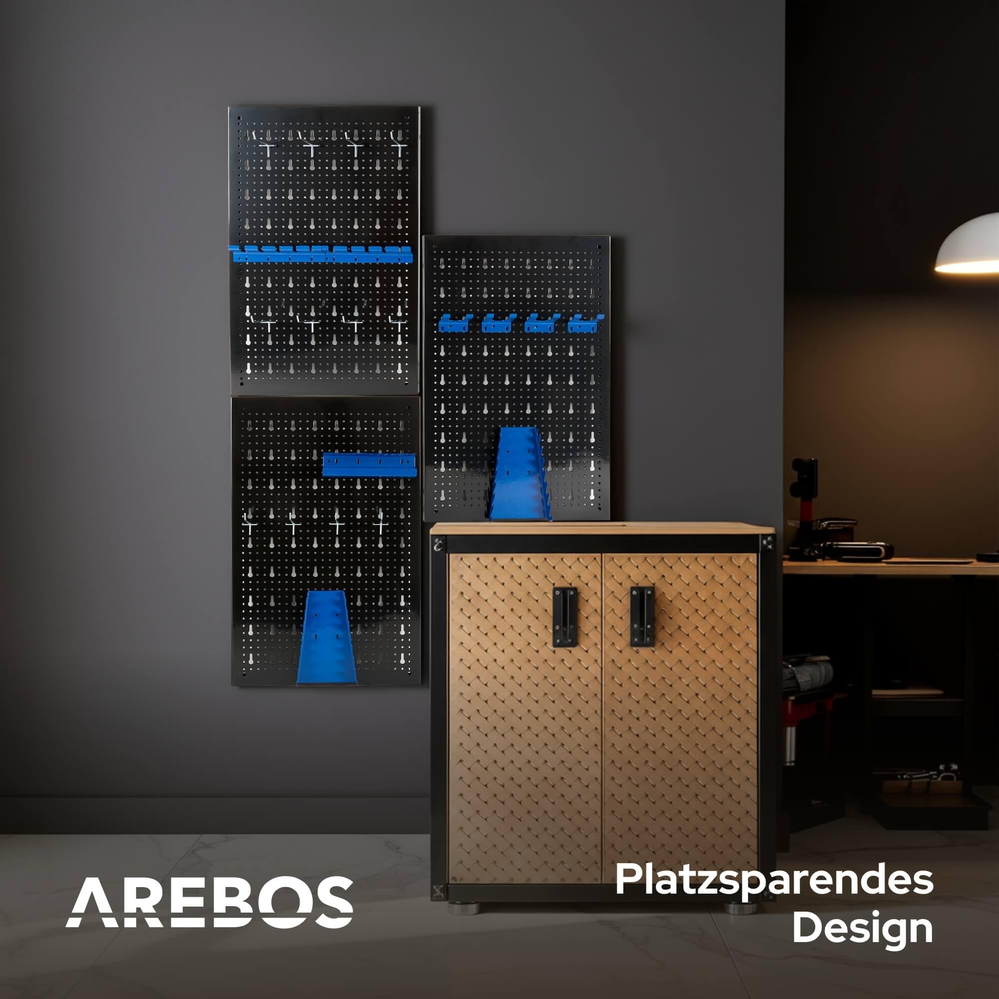 Arebos Werkzeugwand 3-teilige Lochwand Werkstatt | 17-teiliges Hakenset & Halterungen | 117,6 x 59,5 x 2 cm | Werkzeuglochwand aus Metall für Werkstatteinrichtung inkl. Montagematerial | Blau