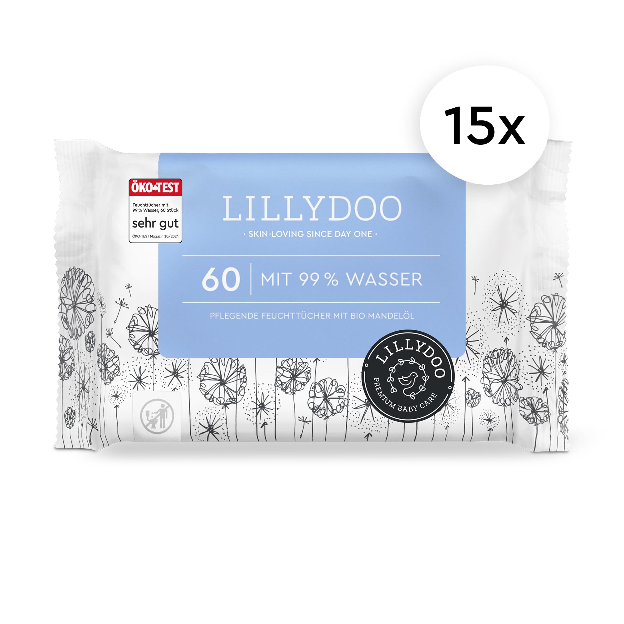 LILLYDOO Baby Feuchttücher mit 99% Wasser, 900 Stück (15 x 60), 100% plastikfreies Tuch, ohne Parfüme & mild wie Watte und Wasser