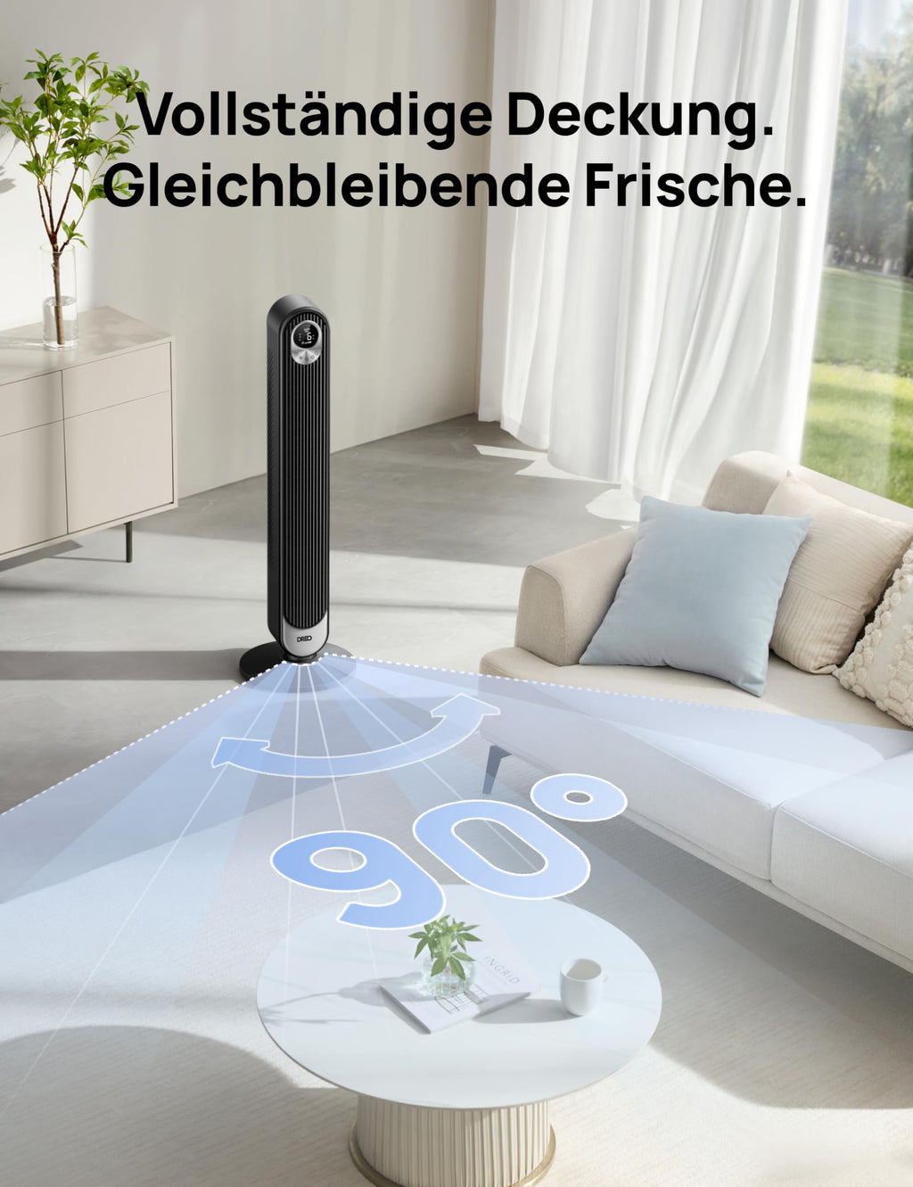Dreo 20dB DC Motor Turmventilator Leiser, 11M Windentfernung Ventilator mit Kühlung Fernbedienung, 9 Stufen 4 Modi, 90° Oszillierender Stand Ventilatoren für Schlafzimmer, Tower Fan mit 12H Timer