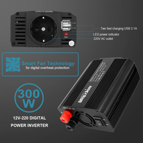 Bapdas 300W Kfz-Wechselrichter Spannungswandler DC 12 V auf AC 230 V, 220V inkl. USB-Anschlüssen (4,2 A)
