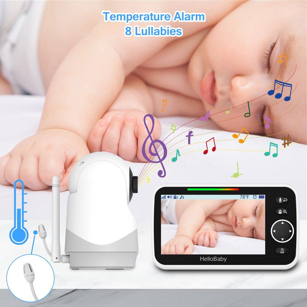 HelloBaby Monitor mit Kamera und Audio, 5-Zoll-Großbildschirm mit 3500-mAh-Akku, Ferngesteuerte Pan-Tilt-Zoom-Kamera, Zwei-Wege-Gespräch, ECO-Modus, automatische Nachtsicht, Reichweite bis zu 293 m