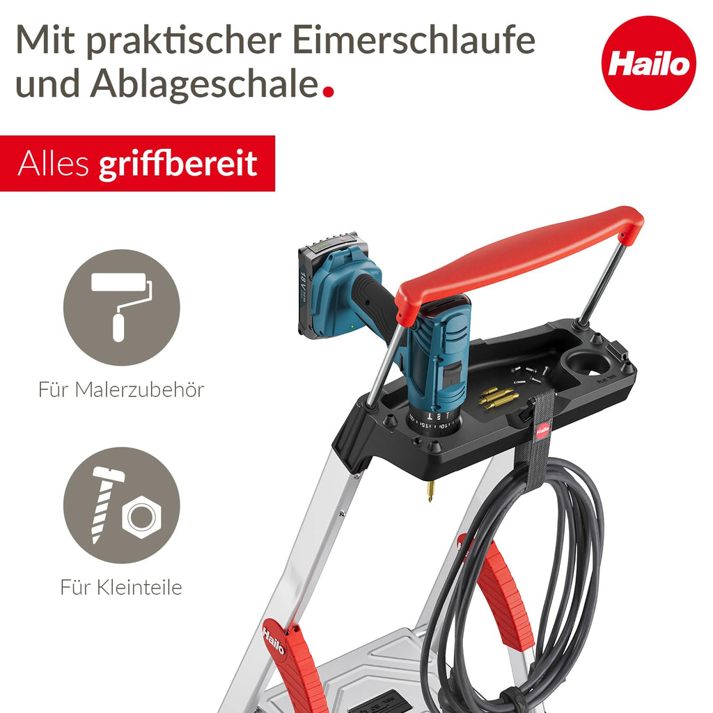 Hailo L85 ComfortLine Alu-Sicherheits-Stehleiter | 5 XXL-Stufen belastbar bis 150 kg | Tiefe Standfläche & Haltegriff |Stehleiter mit Ablage | Aluleiter Made in Germany | Leiter rostfrei | Silber
