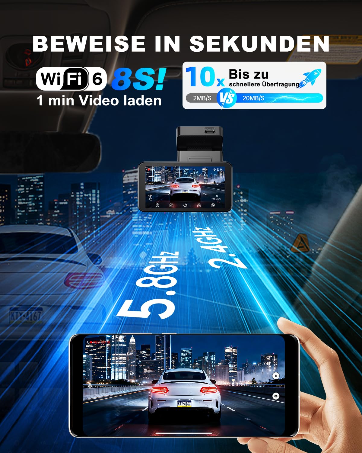 JOMISE 4K+4K Dashcam vorne und hinten, ultraschnelle Ethernet-Datenübertragung (20 Mbps) & stabiles WiFi 6, Touchscreen camera auto mit GPS, Nachtsicht, 24h Parküberwachung, Speicher bis 1TB (A80 Pro)