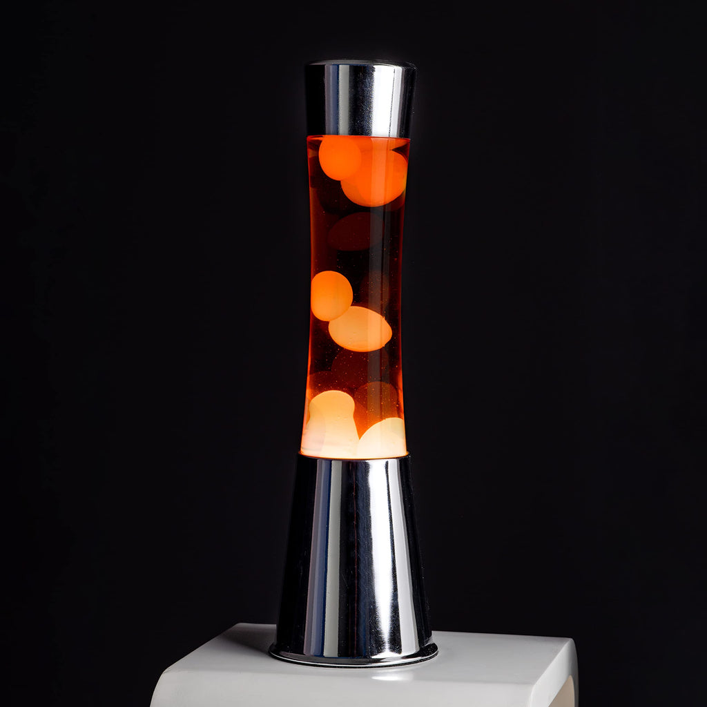 FISURA - Lavalampe orange. Silberner Chromsockel, orangefarbene Flüssigkeit und orangefarbene Lava. Lavalampe mit ersatzbirne.11 x 11 x 39,5 Zentimeter