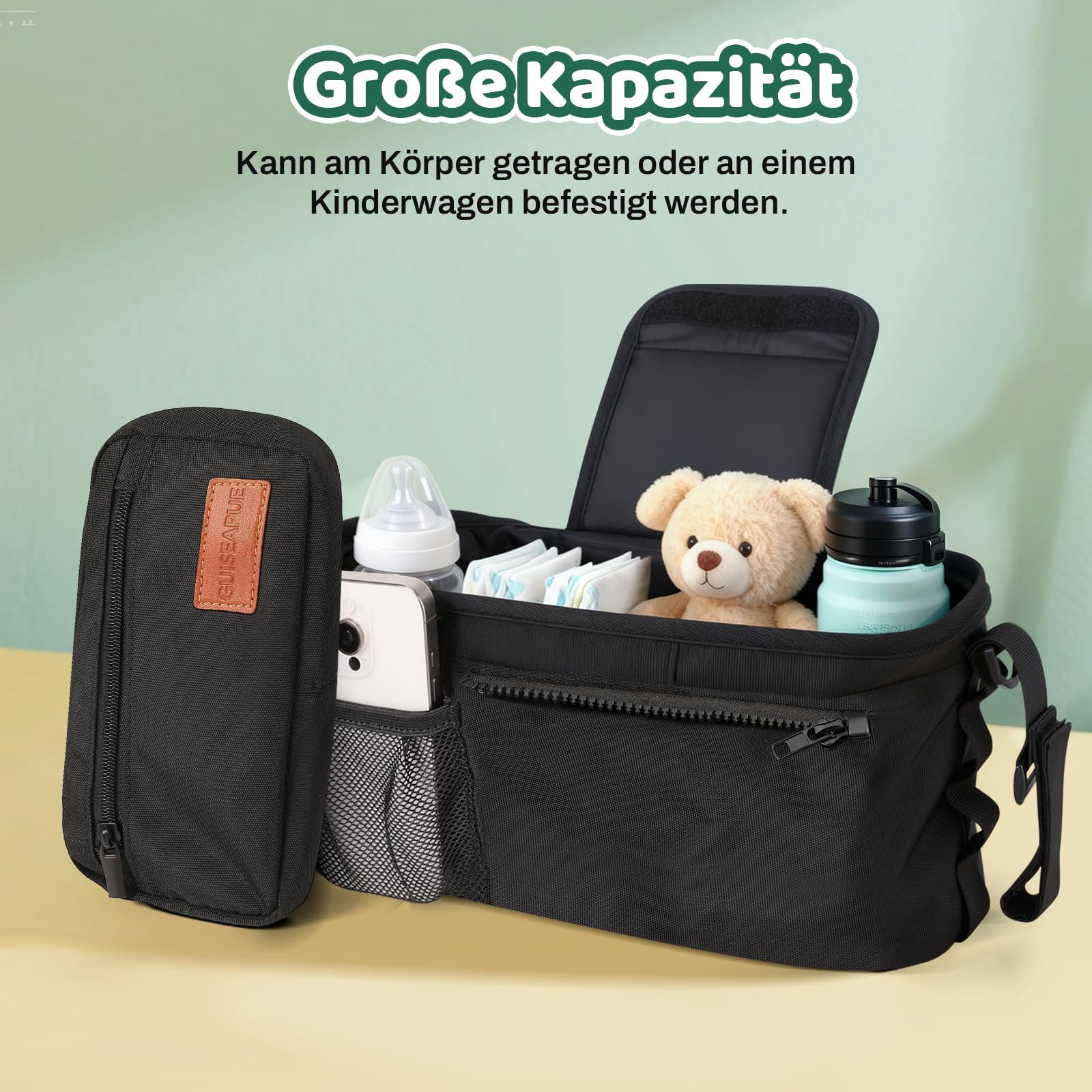 Guiseapue Universal Kinderwagenorganizer: Getränkehalter/Becherhalter für Kinderwagen Buggy Organizer Zubehör, Großer Kapazität Kinderwagentasche, Baby Erstausstattung Neugeborene