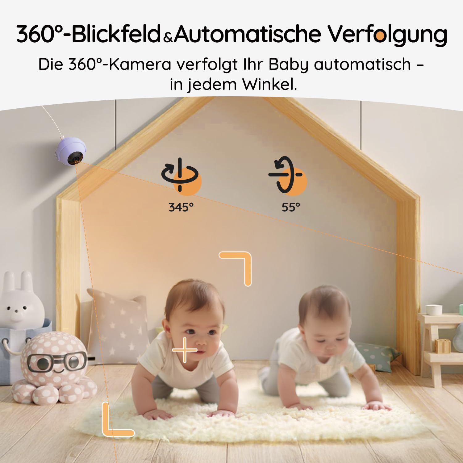 Boifun Babyphone mit Kamera & 2K/3MP APP Steuerung, 5" WLAN Video Babyfone, 360 Grad IR-HDR Nachtsicht, Weinen-/Bewegungs-/Geräusch-/Temperaturüberwachung, Automatische Verfolgung, 3000mAh Akku