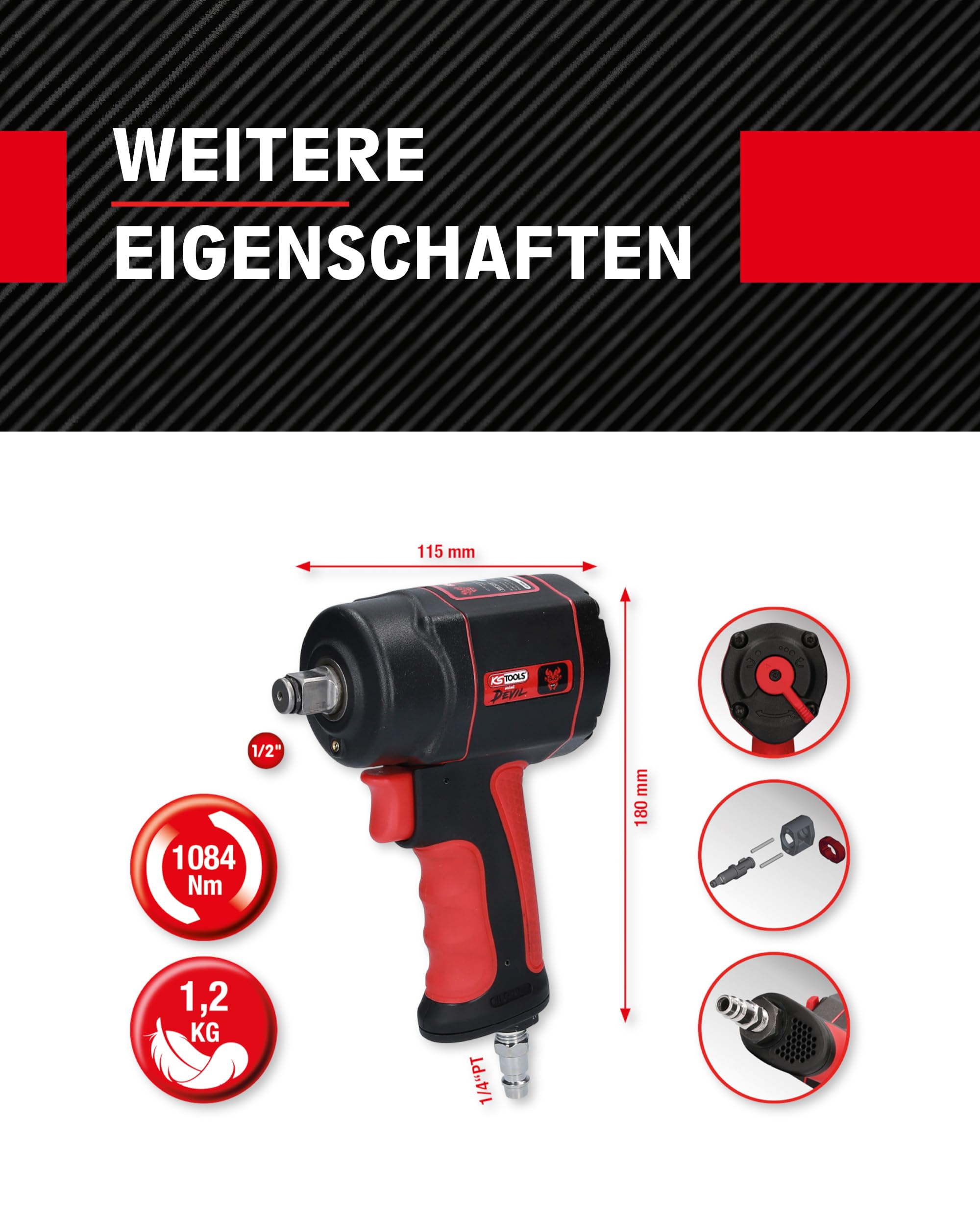 KS Tools Hochleistungs Schlagschrauber Druckluft miniDEVIL 1/2" 515.1315 I 3-fache Drehmomentvorwahl 210, 503, 755 Nm mit max. Löse-Drehmoment 1084 Nm I Zum Anziehen & Lösen von Schrauben