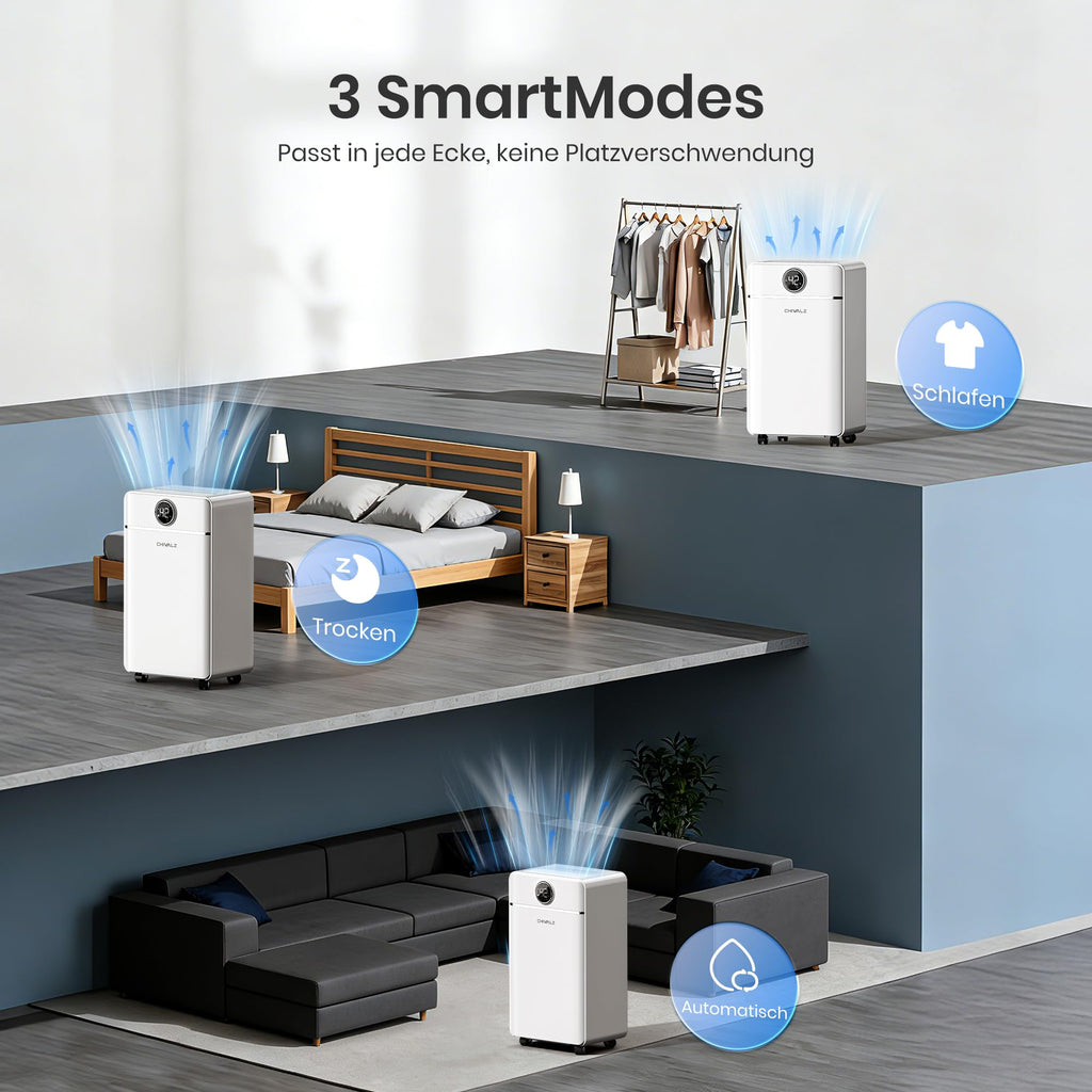 CHIVALZ Luftentfeuchter Elektrisch, Auto Raumentfeuchter Elektrisch 30m²/120m³, Raumentfeuchter mit 3 Betriebsmodi, 24H Timer, Automatische Abtauung, Energieeinsparung - Geeignet für Keller, 1 Pack
