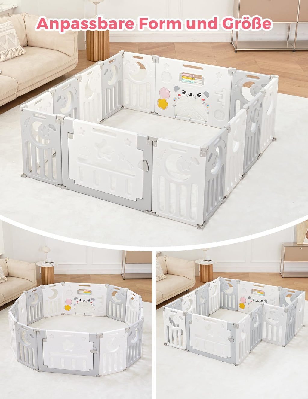 Dripex Laufstall Baby faltbar 150x150x62cm (14 Paneele) mit Spielboard, Laufgitter Baby, Kinderlaufstall & Babyzaun aus strapazierfähigem Plastik, Playpen für Innen & Außen, Grau