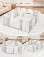 Dripex Laufstall Baby faltbar 150x150x62cm (14 Paneele) mit Spielboard, Laufgitter Baby, Kinderlaufstall & Babyzaun aus strapazierfähigem Plastik, Playpen für Innen & Außen, Grau