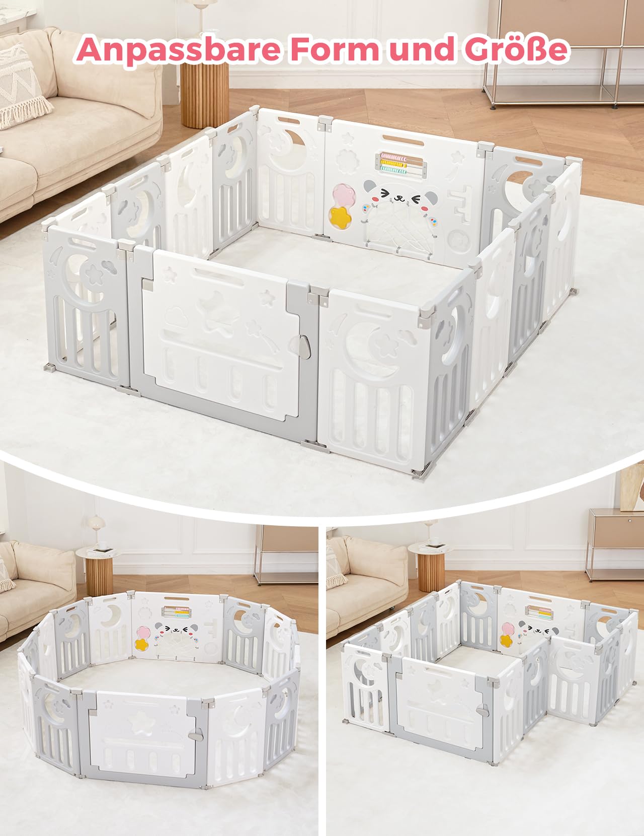 Dripex Laufstall Baby faltbar 150x150x62cm (14 Paneele) mit Spielboard, Laufgitter Baby, Kinderlaufstall & Babyzaun aus strapazierfähigem Plastik, Playpen für Innen & Außen, Grau