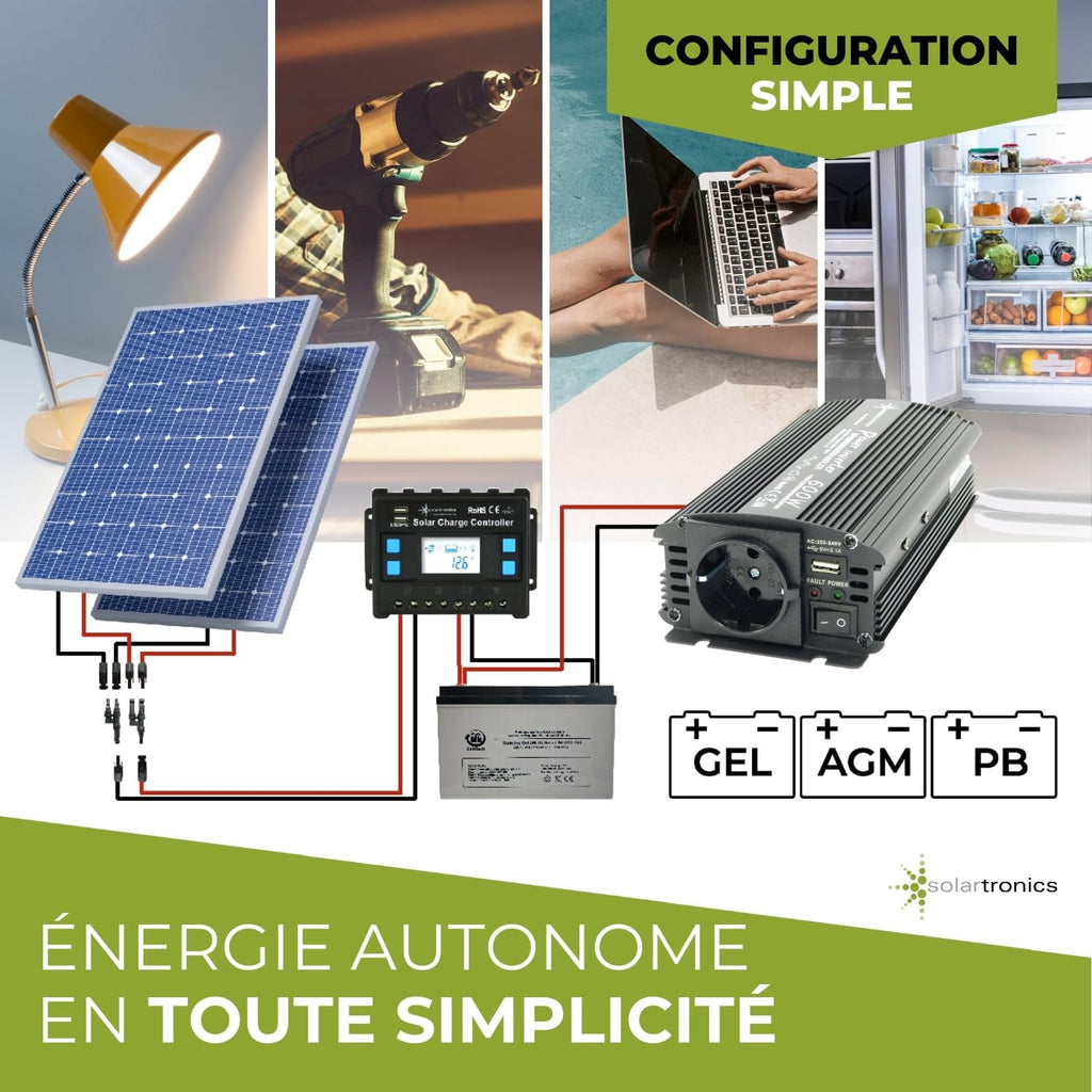 SOLARTRONICS Spannungswandler NM600 12V 600 Watt SCHWARZ - 1200 Watt Spitzenleistung - Wechselrichter 12v auf 230v - Blei- oder AGM-Batterie kompatibel - mit Schuko- & USB Anschluss