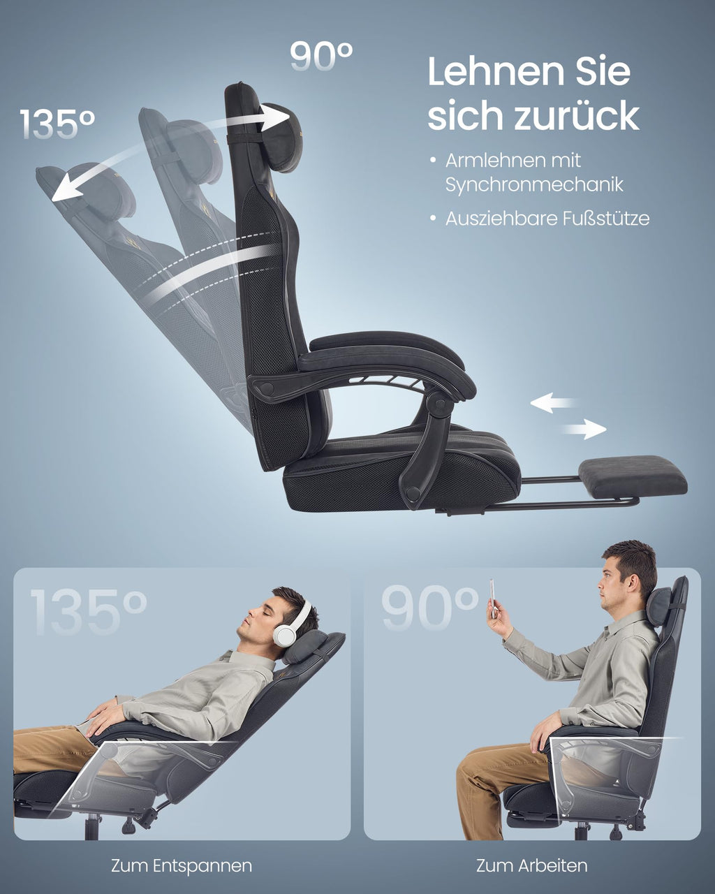 SONGMICS Gaming-Stuhl, Bürostuhl, Schreibtischstuhl, ergonomischer Gaming-Sessel, Sitzkissen mit Federn, Fußstütze, Armlehnen mit Synchronmechanik, tintenschwarz OBG079B01