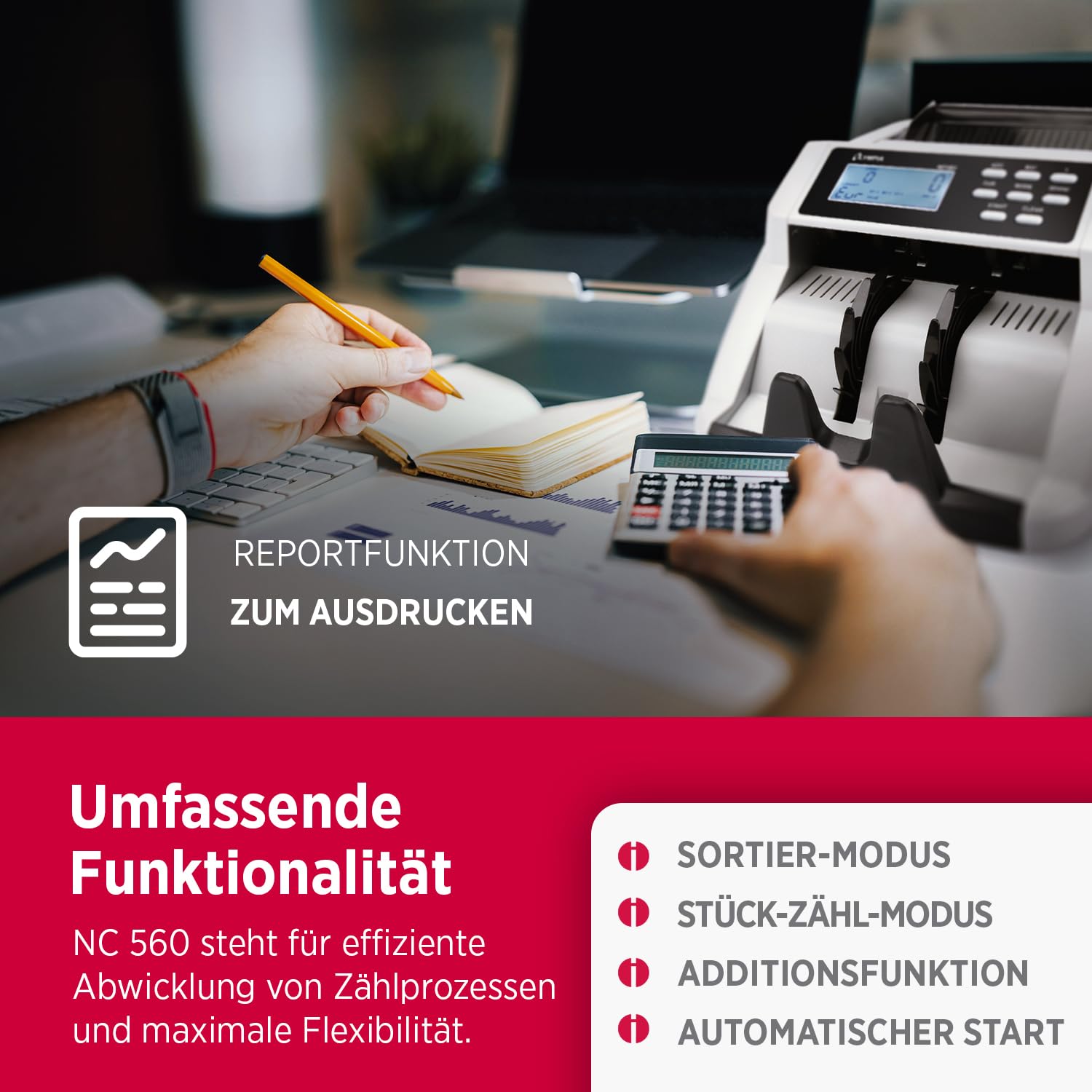 Olympia NC 560 Geldzählmaschine für Scheine | Gemischtwertzähler für unsortierte Banknoten | Banknotenzähler mit Falschgeld Prüfer | LCD Display | Geldscheinprüfgerät | 1000 Noten/Min | Geldzähler