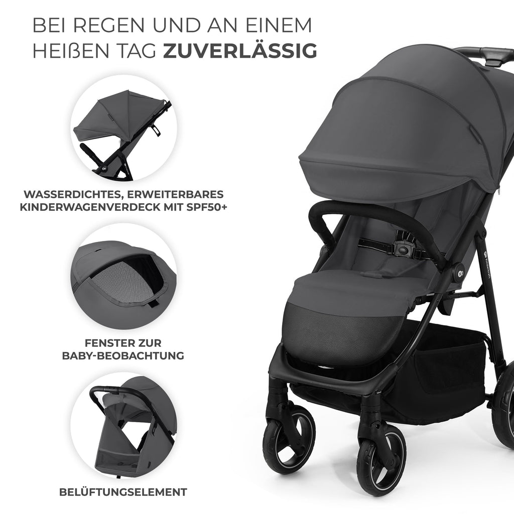 Kinderkraft TRIG 3 Kinderwagen, Kinderbuggy, Liegewagen, Sportwagen, Buggy, Zusammenklappen, Breite und tiefe Sitz, mit Liegeposition, 4 Rad Dämpfung, Große Dach, 5-Punkt-Gurt, bis zu 25 kg, Grau