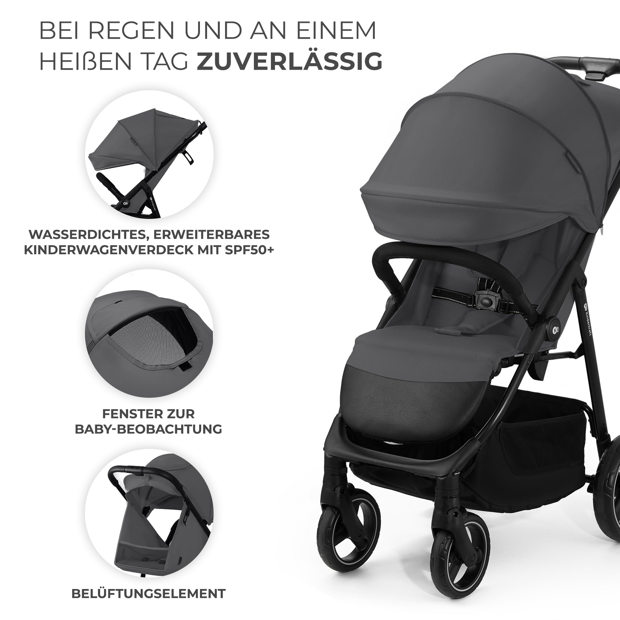 Kinderkraft TRIG 3 Kinderwagen, Kinderbuggy, Liegewagen, Sportwagen, Buggy, Zusammenklappen, Breite und tiefe Sitz, mit Liegeposition, 4 Rad Dämpfung, Große Dach, 5-Punkt-Gurt, bis zu 25 kg, Grau