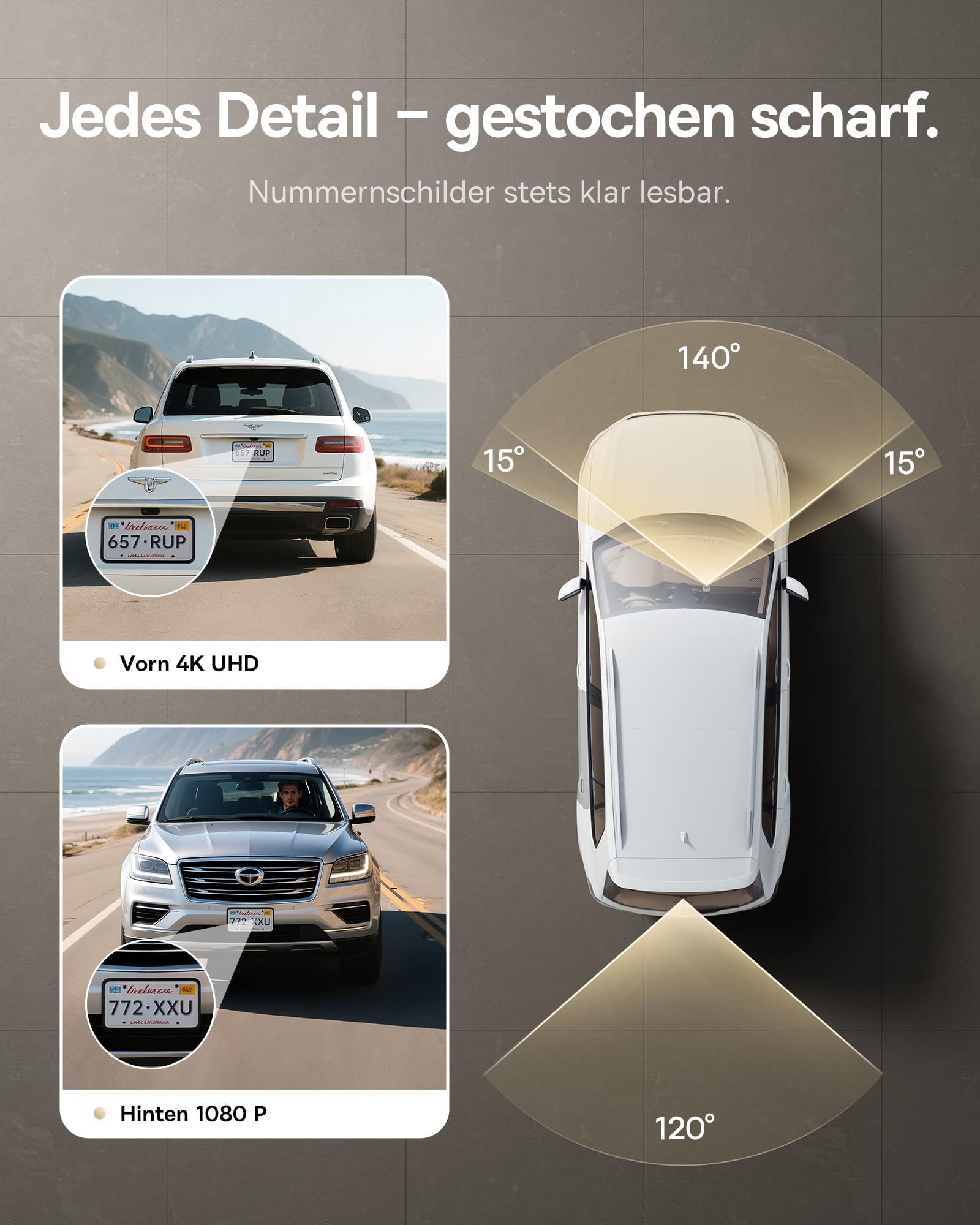 Baseus VD1 Pro Dashcam Auto Vorne Hinten 4K+1080P, Solar-Dashcam mit 14-Tägiger Batterie-Standby-Parkmodus, Dash Camera Auto mit Akku, STARVIS Nachtsicht, 5GHz WLAN, GPS, 32GB Karte