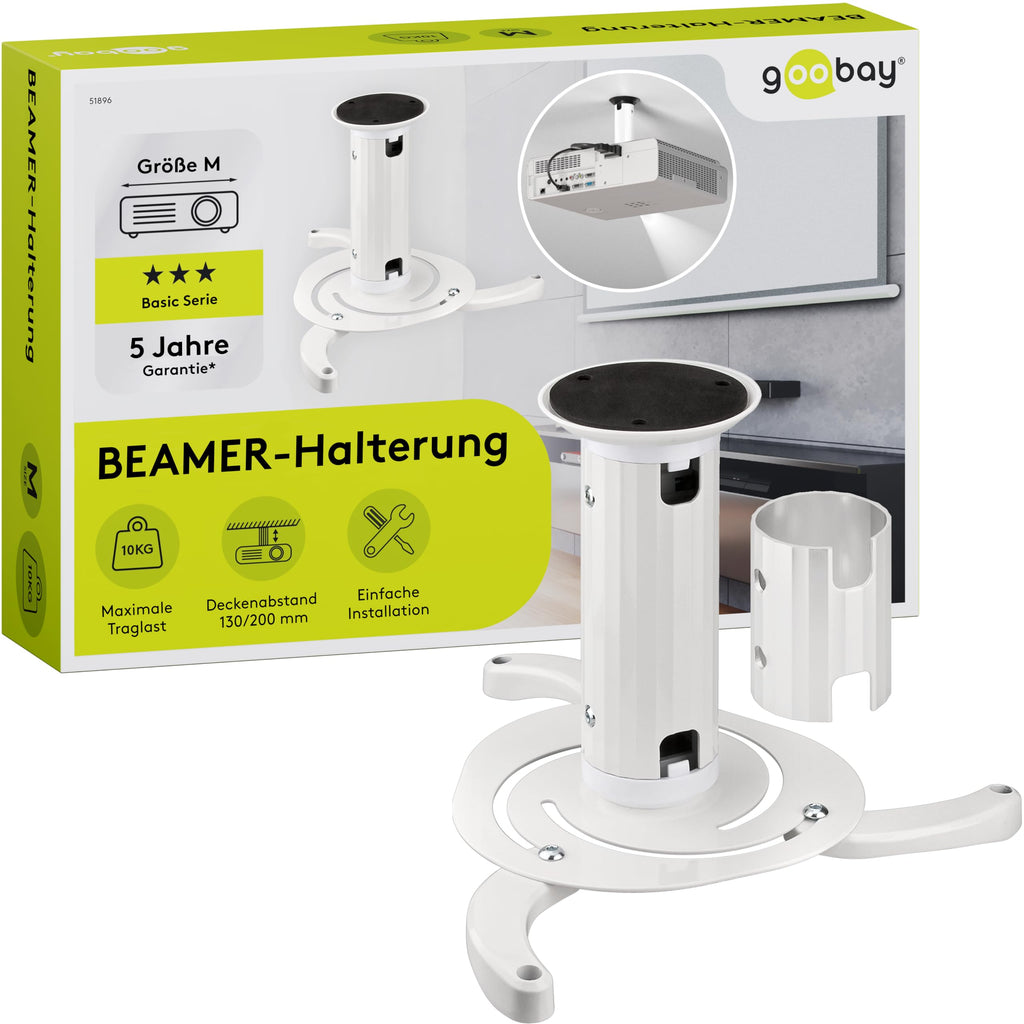 Goobay BeamerFlex Projektor-Deckenhalterung – für kleine bis mittlere Größen (bis zu 10 kg) – beweglich um 15° neigbar und 360° schwenkbar – Höhenverstellung – einfache Installation – Weiß 51896