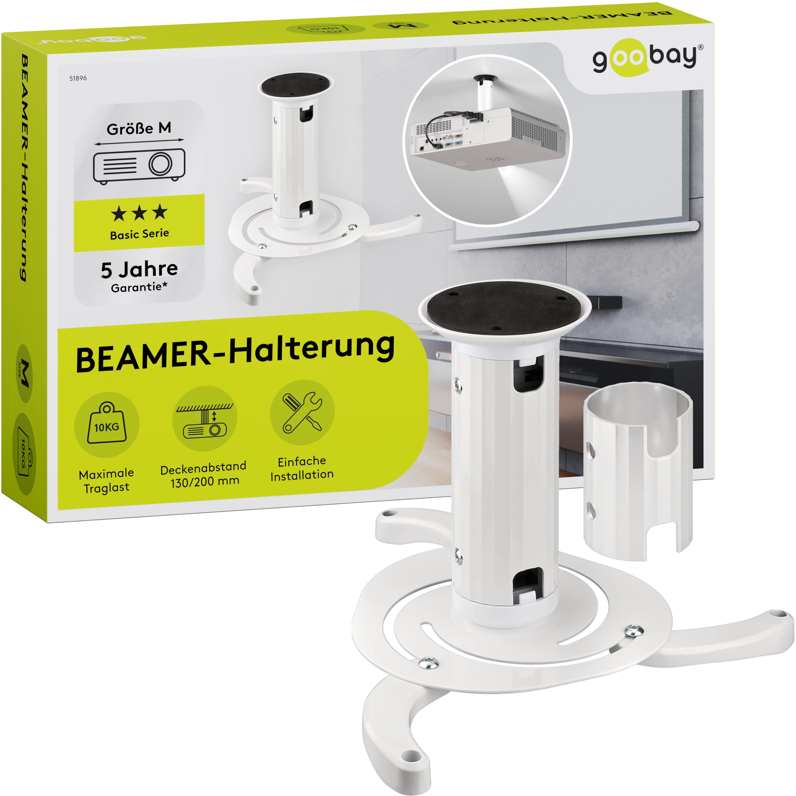 Goobay BeamerFlex Projektor-Deckenhalterung – für kleine bis mittlere Größen (bis zu 10 kg) – beweglich um 15° neigbar und 360° schwenkbar – Höhenverstellung – einfache Installation – Weiß 51896